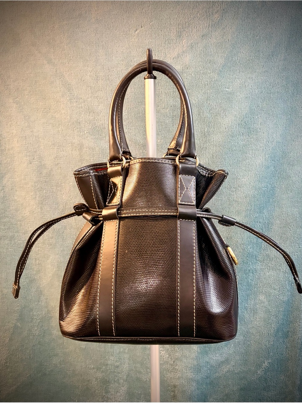 Lancel Paris Vintage Lizard Embossed Leather Convertible Tote Bucket Bag